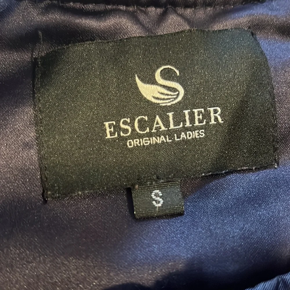ESCALIER SATIN BOMBER JACKET WITH BIRD DETAIL NAVY BLUE WHITE SIZE SMALL